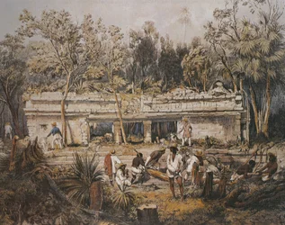 De archeologen Frederick Catherwood en John Lloyd Stephens meten de tempel van Tulum op, Yucatán, Mexico, illustratie uit 