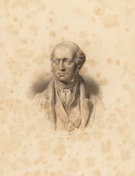 Portret buste van kunstenaar Sir Thomas Lawrence. Gravure door Frederick Christians Lewis naar een illustratie van Sir Thomas Lawrence uit P.G. Patmore’s Cabinet of Gems, Ackermann, Londen
