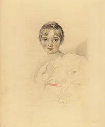 Portret van Lucy Meredith, nicht van Sir Thomas Lawrence. Jong meisje in witte jurk met roze lint. Handgekleurde gravure door Frederick Christian Lewis naar een illustratie van Sir Thomas Lawrence uit P.G. Patmore