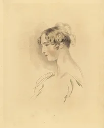 Portret van Mary Isabella Bloxam als jonge vrouw, nicht van Sir Thomas Lawrence. Met haar haar omhoog en gekruld, in een off-the-shoulder jurk. Gravure door Frederick Christian Lewis naar een illustratie van Sir Thomas Lawrence uit P.G. Patmore’s Cabinet o