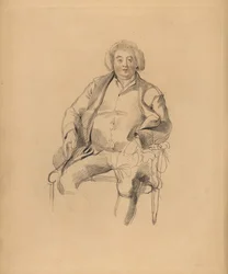 Portret van de vader van Sir Thomas Lawrence, herbergier Thomas Lawrence. Corpulente man met pruik zittend op een stoel. Handgekleurde gravure door Frederick Christian Lewis naar een illustratie van Sir Thomas Lawrence uit P.G. Patmore