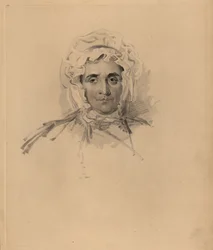 Portret van Lucy Read, moeder van Sir Thomas Lawrence, dicht bij de dood. In kapje en hooggesloten jurk. Handgekleurde gravure door Frederick Christian Lewis naar een illustratie van Sir Thomas Lawrence uit P.G. Patmore