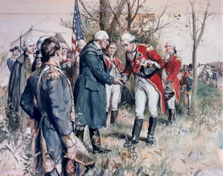 Amerikaanse Onafhankelijkheidsoorlog (1775-1783): de overgave van de Britse generaal John Burgoyne (1722-1792) bij Saratoga in 1777 - Illustratie door F.C. Yohn (Frederick Coffay Yohn) (1875-1933)