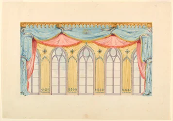 Tekening, raamdecoratie, waarschijnlijk voor de oostelijke muur van de muziekkamer, Royal Pavilion, Brighton, 1820