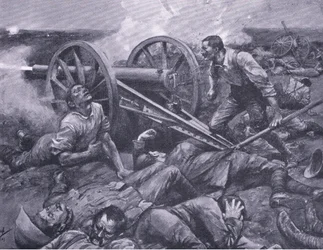 De verdediging van Dewetsdorp: een 15-ponder alleen bedienen, illustratie uit Na Pretoria: De Guerrillaoorlog, 1902