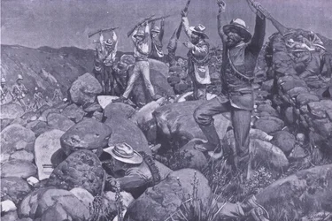 De geveinsde overgave die de Liverpools in een wanhopige positie bracht, illustratie uit Na Pretoria: De Guerrillaoorlog, 1902