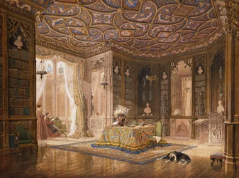 De bibliotheek van Stanmore Hall, het huis van Robert Holland, Esq