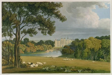 Uitzicht op Burghley House, zetel van de Markies van Exeter, gegraveerd en gepubliceerd door Robert Havell (1769-1832), 1819 (kleurengraving)