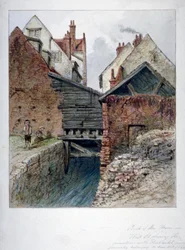 Achteraanzicht van een huis in Chick Lane, met Fleet Ditch, City of London, 1844