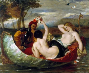 "Jonge naakte vrouwen, waarschijnlijk prostituees, met een man in harnas, de duivel, op een boot van paarlemoer. Schilderij van Frederick Richard Pickersgill (1820-1900)