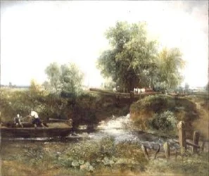 Rivier met Overstekende Paarden en Skiff