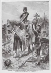 "Ich Dien", de oorsprong van het wapen en motto van de Prins van Wales (litho)