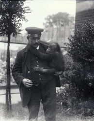Verzorger Z. Rodwell met jonge Orang-oetan in de Londense Zoo, oktober 1913