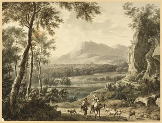 Italiaans landschap met reizende boeren op de voorgrond