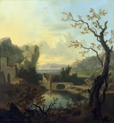 Italiaans landschap met een verwoeste versterkte brug