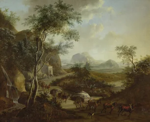 Landschap met een konvooi van paarden en karren