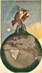 Atlas die het hemelgewelf ondersteunt, leunend op de aarde