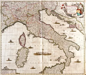 Kaart van Italië, Corsica en Sardinië (ets)
