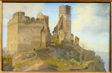 Uitzicht op de ruïnes van het kasteel Schonburg bij Oberwesel aan de Rijn in Duitsland