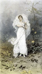 Vrouw in een bos - Allegorie van de herfst, kalender geïllustreerd door Hubert Dys, geschilderd door F.H. Kaemmerer