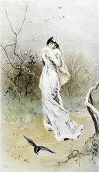 Vrouw in een bos - allegorie van de vroege winter, kalender geïllustreerd door Hubert Dys, geschilderd door F.H. Kaemmerer