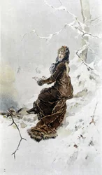 Vrouw in de sneeuw: Allegorie van de winter, kalender geïllustreerd door Hubert Dys, geschilderd door F.H. Kaemmerer