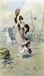 Vrouw aan de kust - allegorie van het vroege voorjaar, kalender geïllustreerd door Hubert Dys, geschilderd door F.H. Kaemmerer