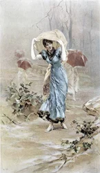 Vrouw die zichzelf beschermt tegen de regen - allegorie van vroege herfst, kalender geïllustreerd door Hubert Dys, geschilderd door F.H. Kaemmerer