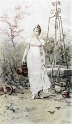 Vrouw terugkerend van een bron - allegorie van de lente, kalender geïllustreerd door Hubert Dys, geschilderd door F.H. Kaemmerer