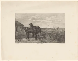 Twee paarden voor een schuur