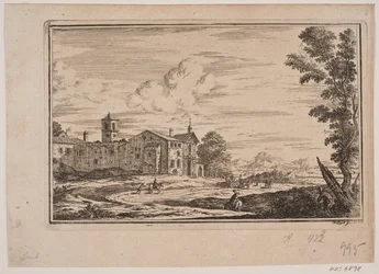 Kloostergebouw, links in Italiaans landschap