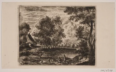 Landschap. Op de voorgrond geiten en herders