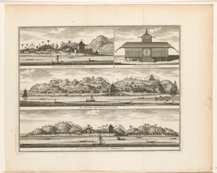 Drie vestingen op Ambon. Hila en de Fortres Amsterdam / Nieuwe Moorsche Tempel van Hila / De Fortres Rotterdam op Larike / De Pas Baguwala en de Vesting Middelburg (titel op object)