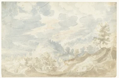 Berglandschap met een gezicht op een dal en een kerktoren