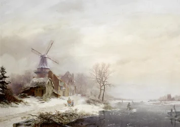 Dutch: Winter landschap met gehucht, windmolen en figuren Winter landscape with hamlet, windmill and figures
