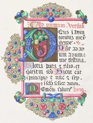 Verlichte letter D binnen een versierde rand