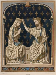 Veertiende-eeuwse Kroning van de Maagd, ivoor uit het Louvre, illustratie uit het Dictionnaire de l
