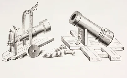 15e-eeuwse kanonnen, met vaste affuit (rechts) en rollende affuit (links) uit Les Arts au Moyen Age, gepubliceerd 1873