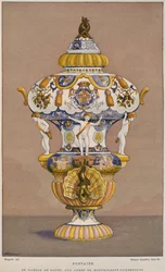 18e-eeuwse faience fontein met het wapen van Montmorency Luxembourg, vervaardigd in Rouen, illustratie uit het Dictionnaire de l