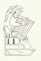Een 9e-eeuwse muzikant die een muziekinstrument bespeelt, bekend als een psalterium, uit 