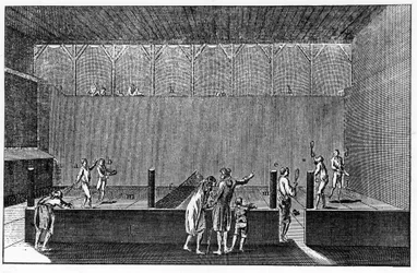 Een Jeu de Paume onder het bewind van Lodewijk XIV, gebaseerd op een prent uit de encyclopedie van Diderot en Alembert