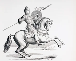 Een Normandische ridder gekleed in maliënkolder en helm met speer en schild