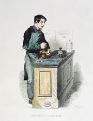 Een farmaciestudent die medicijnen bereidt, illustratie uit Les Francais peints par eux-memes, Editions L. Curmer, 1841 (kleurgravure)