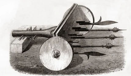 Een Ribauldequin, infernale machine of orgelkanon, bewapend met kleine kanonnen en pieken, uit Les Merveilles de la Science, gepubliceerd ca. 1870