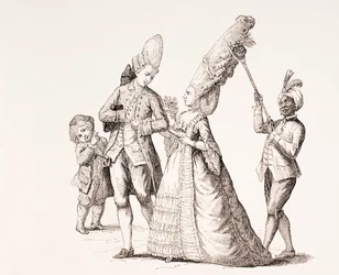 Een satire op de extreme kapsels van vrouwen in het 18e-eeuwse Parijs, 1875