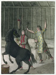 Een sjamaan die de kwade geesten van een zieke persoon verdrijft, Siberië, ca.1811