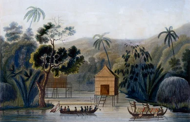 Een Geestenhuis op palen in Offak Harbour, Waigou Island, uit Voyage autour du Monde sur la Corvette Coquille door Luitenant Louis Isodore Duperrey, 1826