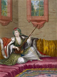 Een Turks meisje dat de Tehegour speelt, ca. 1708