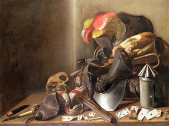 Een Vanitas Stilleven met een Schedel, Speelkaarten en Wapenrusting, ca. 1650