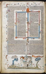 Een scène onderaan de pagina van een man die probeert een kasteel binnen te vallen, gedood door een van de verdedigers, uit de Smithfield Decretals